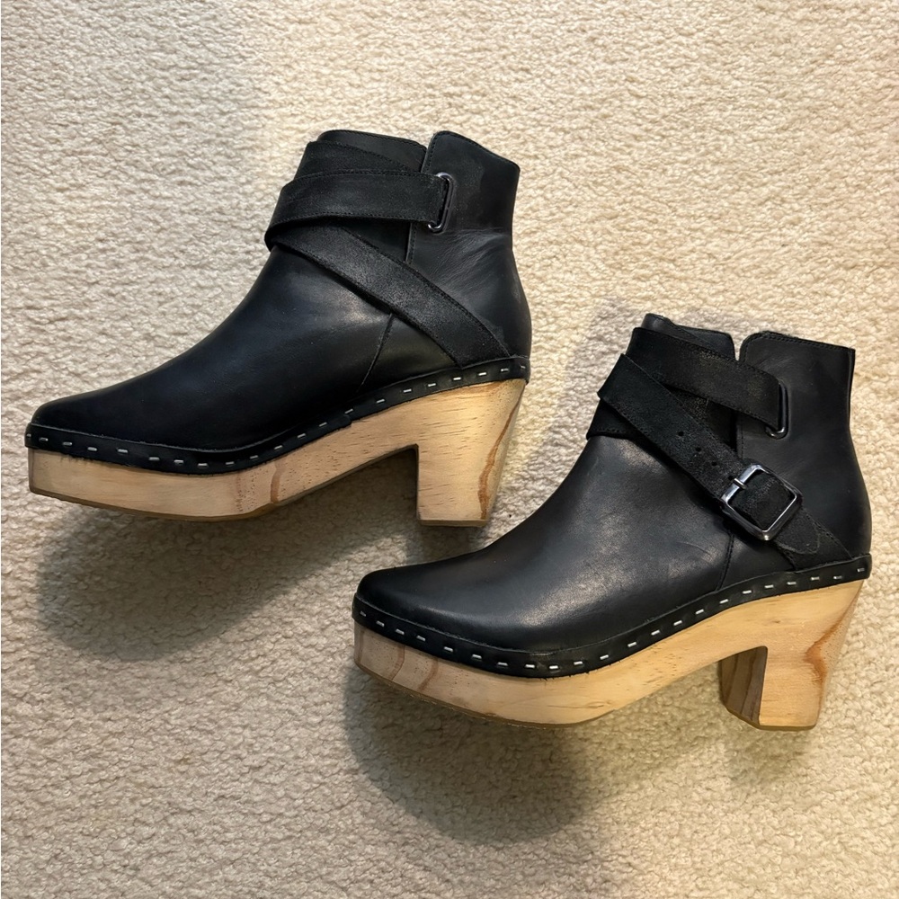 Free People Black Leather Clog Booties with Wood Platform